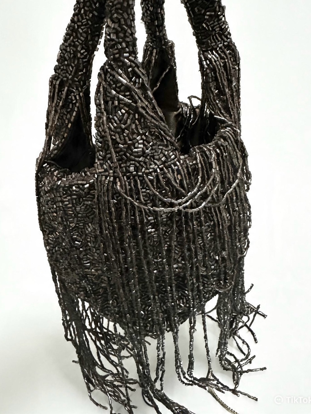 Beaded Fringe Handbag in Dark Brown
